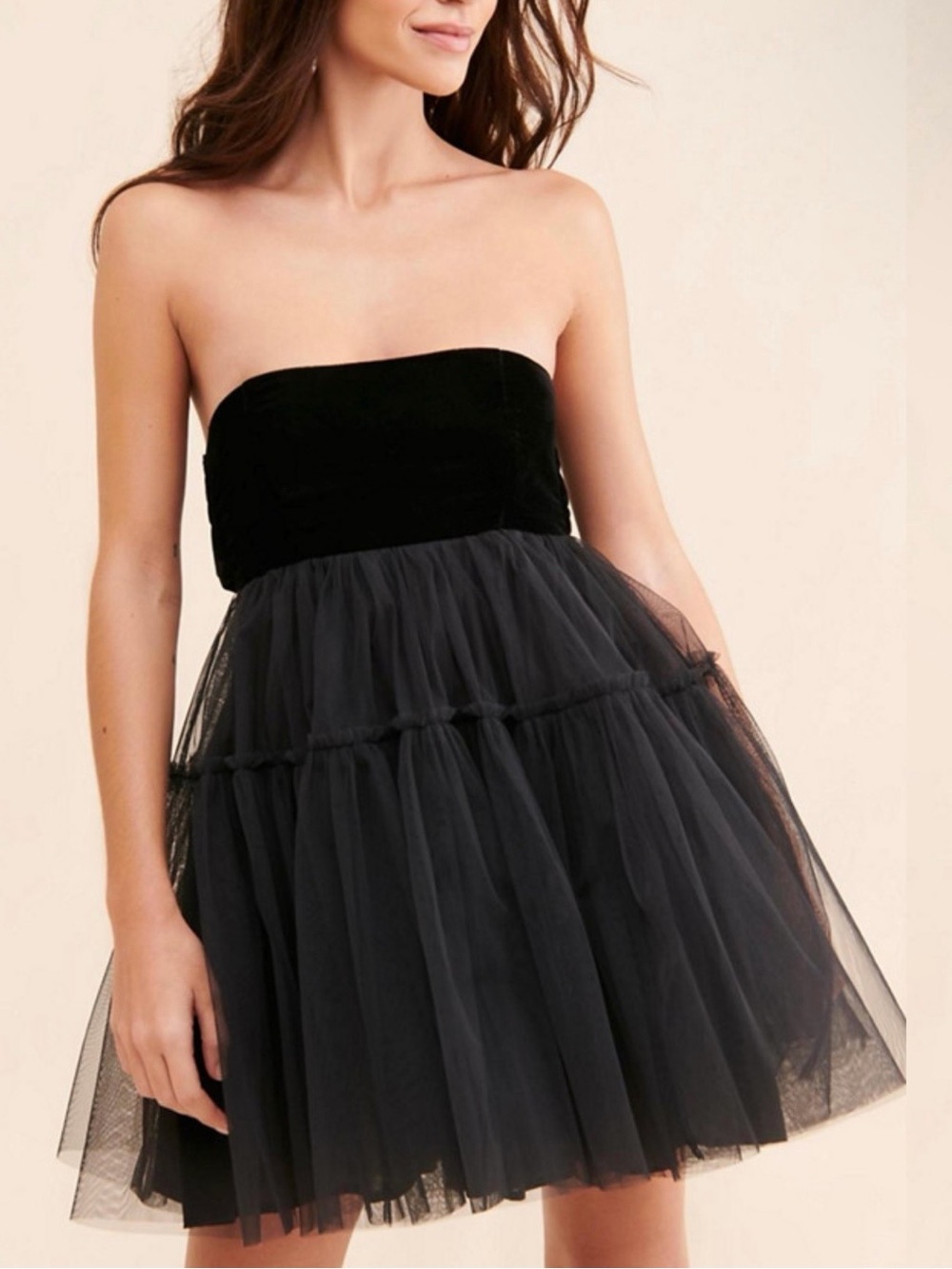 Free People Theo Velvet Tulle Tiered Puff Mini Dress L